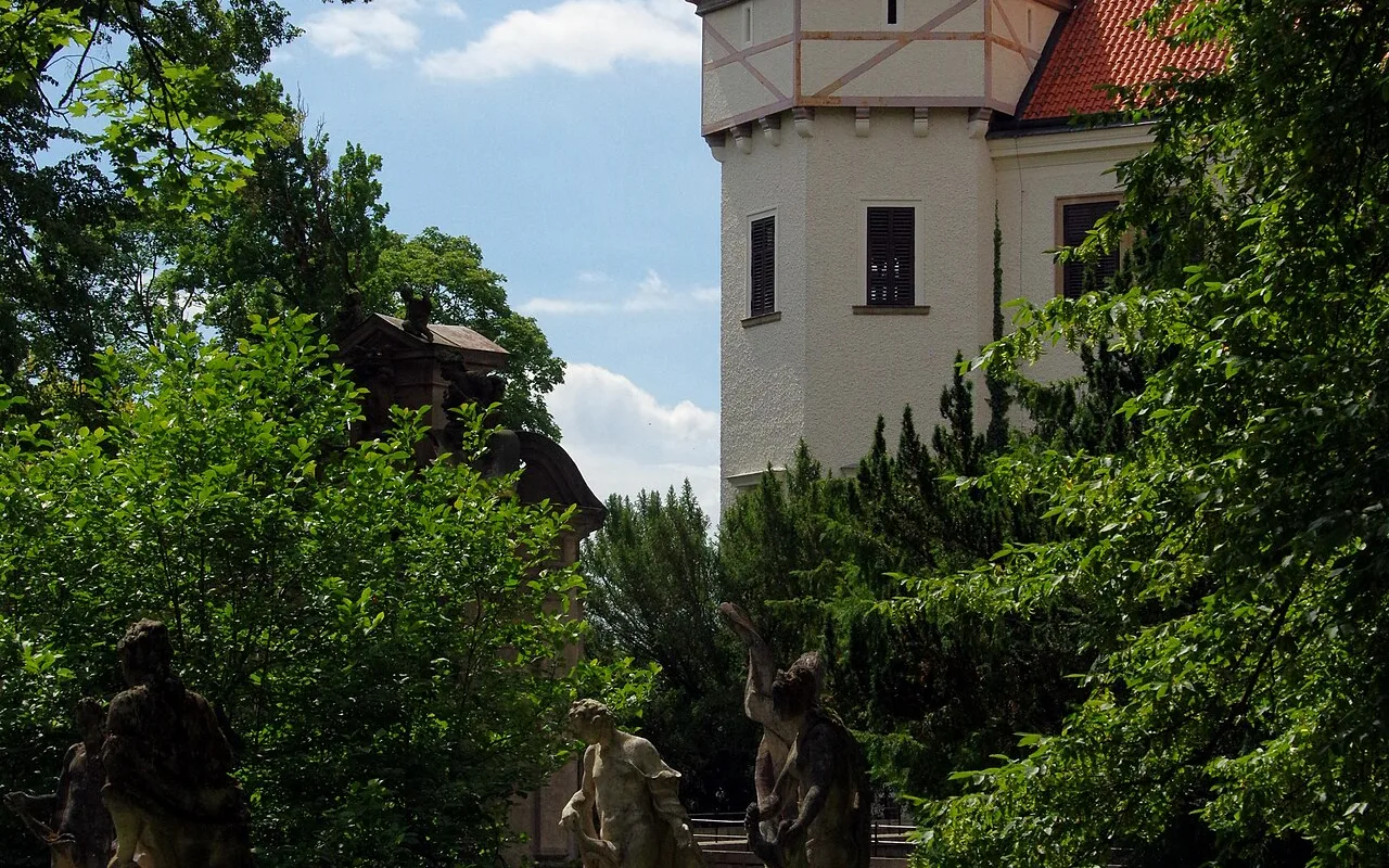 One of the round towers of Konopiště above the park